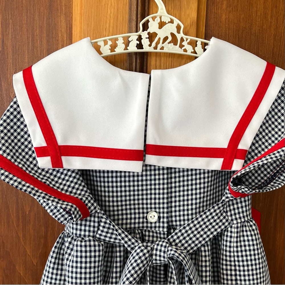 Vintage Girls Navy Gingham Sailor Dress with Red Bow and Trim Size 5 - Picture 5 of 6